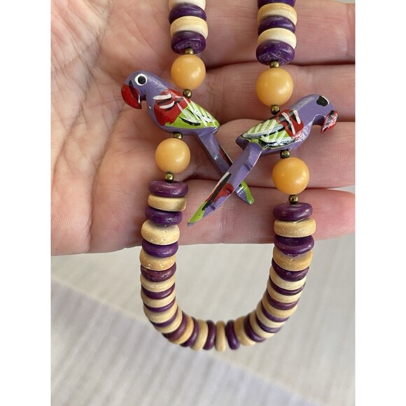 VTG '80s Boho Clay Disk Necklace 22" w/ Hand-Carved Parrot Beads & Brass Spacers - Picture 5 of 8